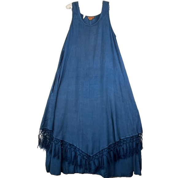 Sakkas Maxi Dress Size S/M Blue Stonewash Fringed Boho India Festival Pockets - Picture 1 of 14